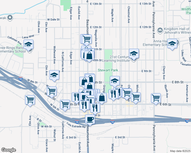 map of restaurants, bars, coffee shops, grocery stores, and more near 825 Magnolia Avenue in Beaumont