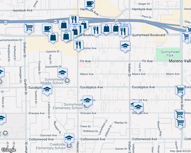 map of restaurants, bars, coffee shops, grocery stores, and more near 24131 Myers Avenue in Moreno Valley