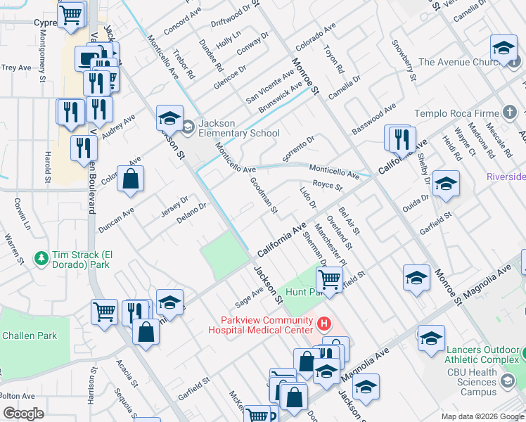 map of restaurants, bars, coffee shops, grocery stores, and more near 9035 Hope Avenue in Riverside