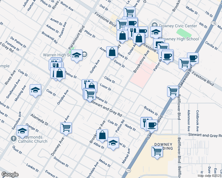 map of restaurants, bars, coffee shops, grocery stores, and more near 8420 Luxor Street in Downey