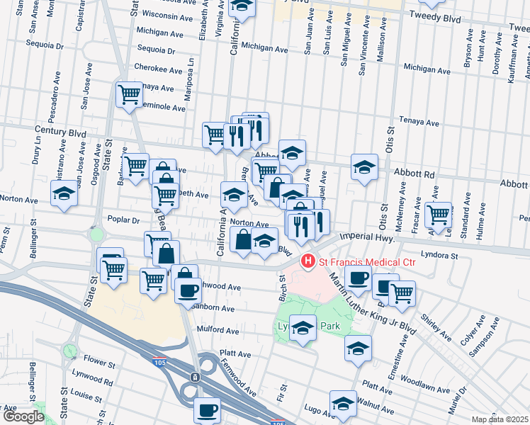 map of restaurants, bars, coffee shops, grocery stores, and more near 3581 Norton Avenue in Lynwood