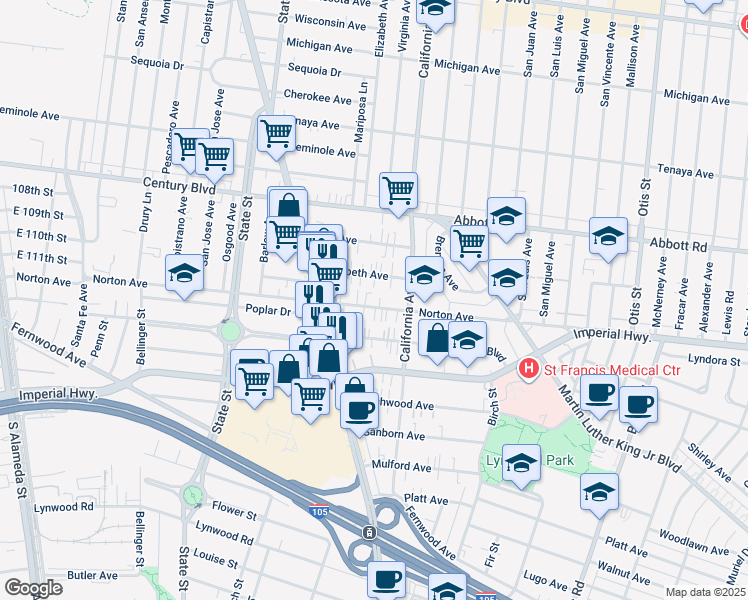 map of restaurants, bars, coffee shops, grocery stores, and more near 3354 Norton Avenue in Lynwood