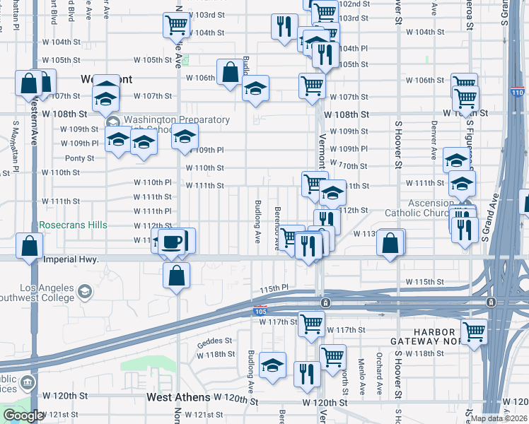 map of restaurants, bars, coffee shops, grocery stores, and more near 1101 West 112th Street in Los Angeles