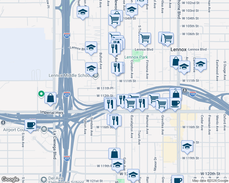 map of restaurants, bars, coffee shops, grocery stores, and more near 4819 West 112th Street in Lennox