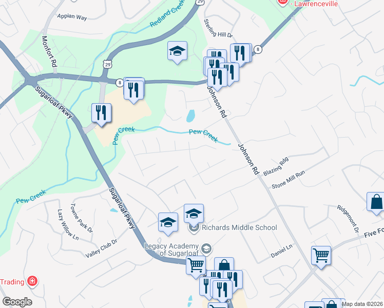 map of restaurants, bars, coffee shops, grocery stores, and more near 1220 Grayland Hills Trail in Lawrenceville