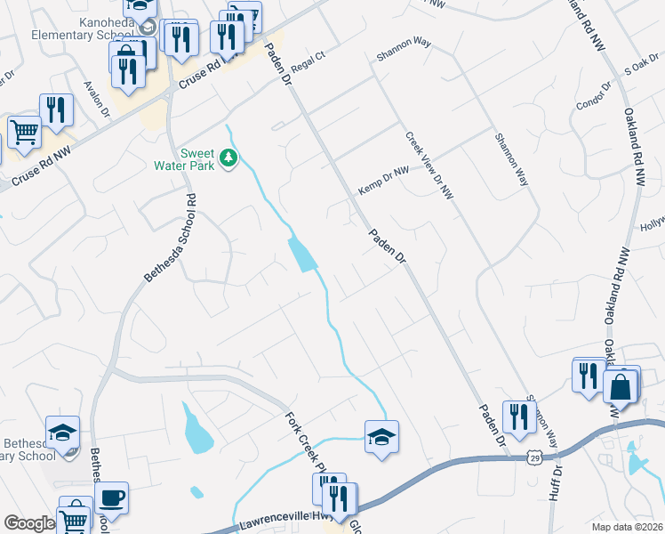 map of restaurants, bars, coffee shops, grocery stores, and more near 2605 Titon Way in Lawrenceville