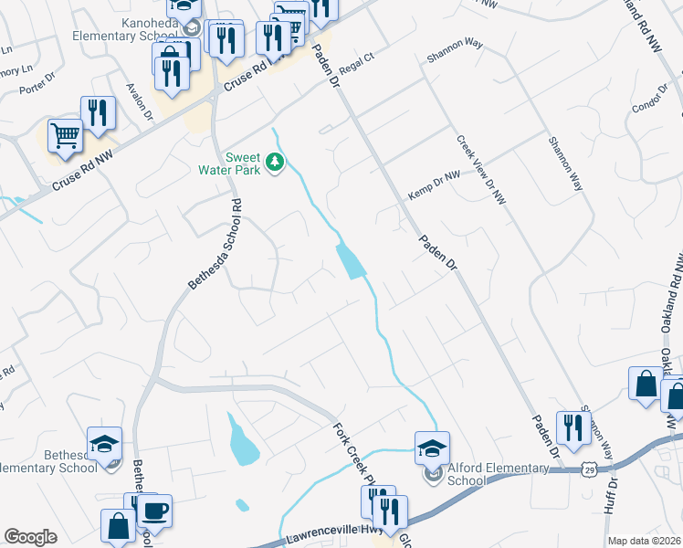 map of restaurants, bars, coffee shops, grocery stores, and more near 615 Sycamore Glen Court Northwest in Lawrenceville