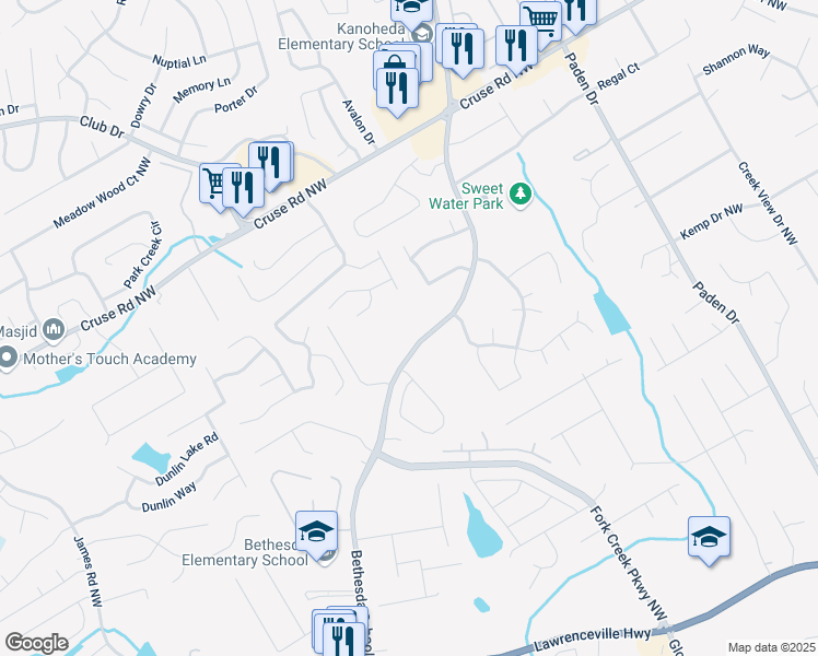 map of restaurants, bars, coffee shops, grocery stores, and more near 719 Bethesda School Road in Lawrenceville