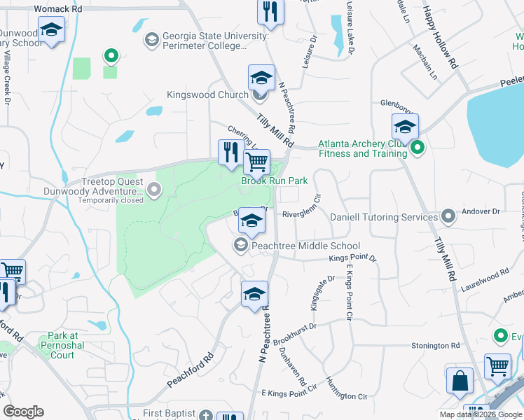 map of restaurants, bars, coffee shops, grocery stores, and more near 4635 Barclay Drive in Dunwoody