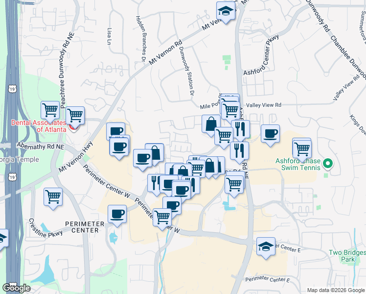 map of restaurants, bars, coffee shops, grocery stores, and more near 4697 Dogwood Alley in Dunwoody