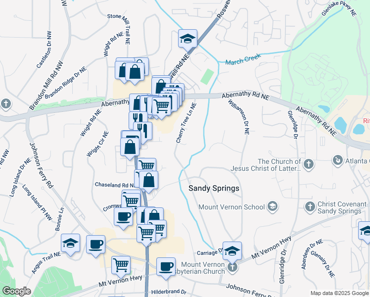 map of restaurants, bars, coffee shops, grocery stores, and more near 6517 Cherry Tree Lane Northeast in Atlanta