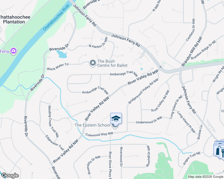 map of restaurants, bars, coffee shops, grocery stores, and more near 355 River Valley Road Northwest in Atlanta