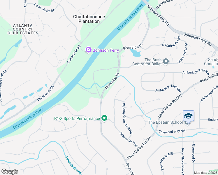 map of restaurants, bars, coffee shops, grocery stores, and more near 6525 Old Riverside Drive Northwest in Sandy Springs