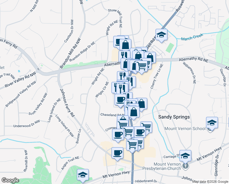 map of restaurants, bars, coffee shops, grocery stores, and more near 6518 Roswell Road in Sandy Springs