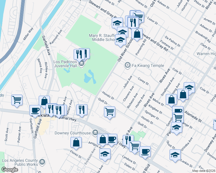 map of restaurants, bars, coffee shops, grocery stores, and more near 12315 Norlain Avenue in Downey