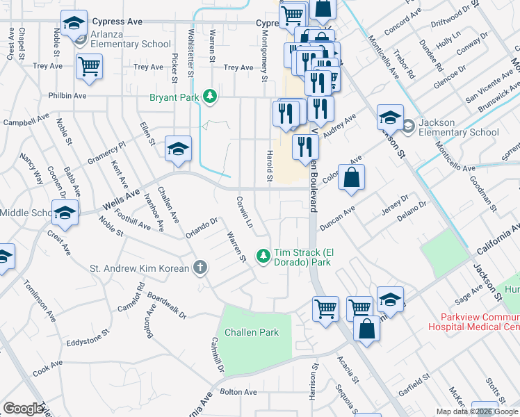 map of restaurants, bars, coffee shops, grocery stores, and more near 4831 Montgomery Street in Riverside
