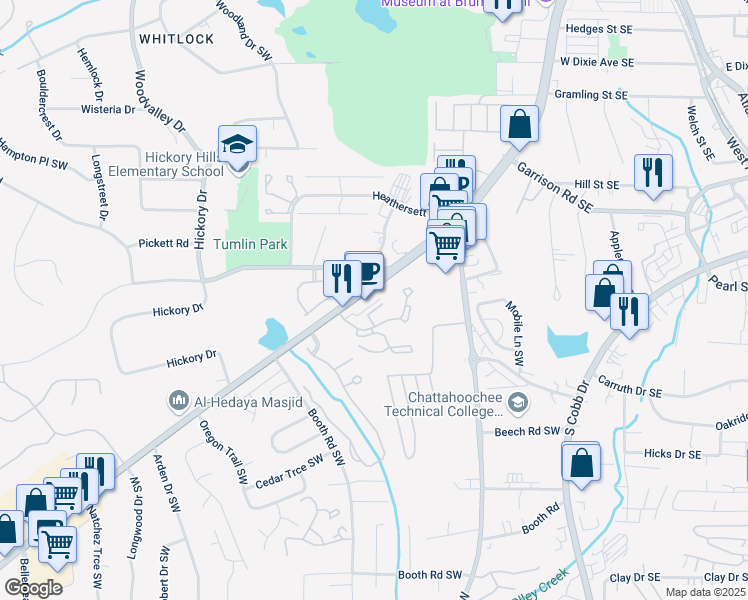map of restaurants, bars, coffee shops, grocery stores, and more near 803 Powder Springs Road Southwest in Marietta