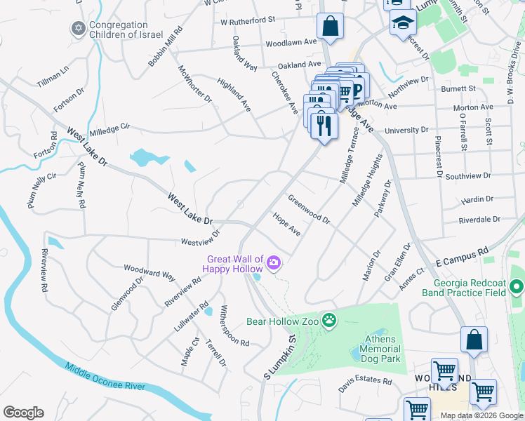 map of restaurants, bars, coffee shops, grocery stores, and more near 110 Hope Avenue in Athens