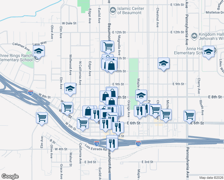 map of restaurants, bars, coffee shops, grocery stores, and more near 850 Beaumont Avenue in Beaumont
