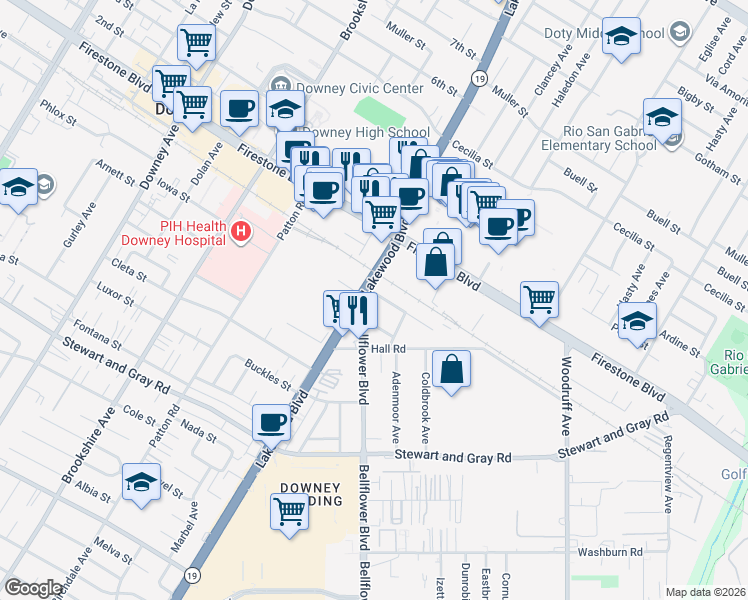 map of restaurants, bars, coffee shops, grocery stores, and more near 9010 Margaret Street in Downey
