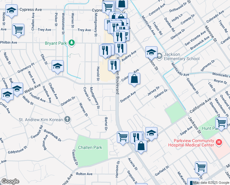 map of restaurants, bars, coffee shops, grocery stores, and more near 4840 Van Buren Boulevard in Riverside