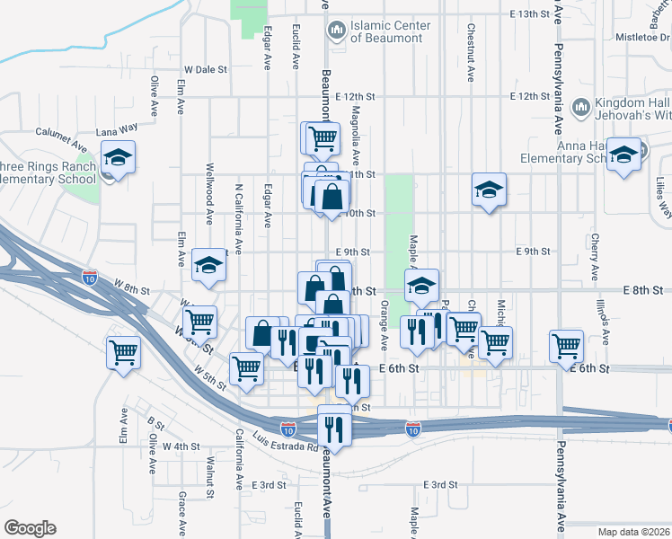 map of restaurants, bars, coffee shops, grocery stores, and more near 850 Beaumont Avenue in Beaumont