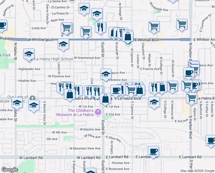map of restaurants, bars, coffee shops, grocery stores, and more near 163 Pinkerton Lane in La Habra