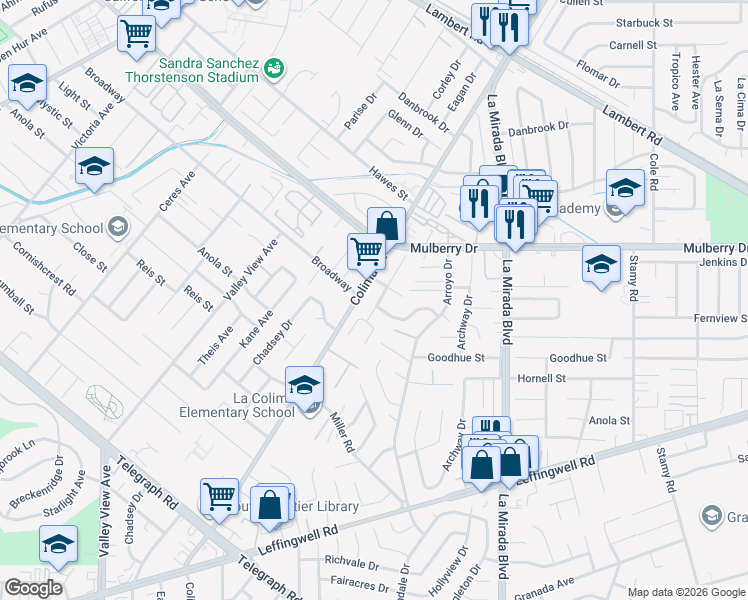 map of restaurants, bars, coffee shops, grocery stores, and more near 10878 Canelo Road in Whittier