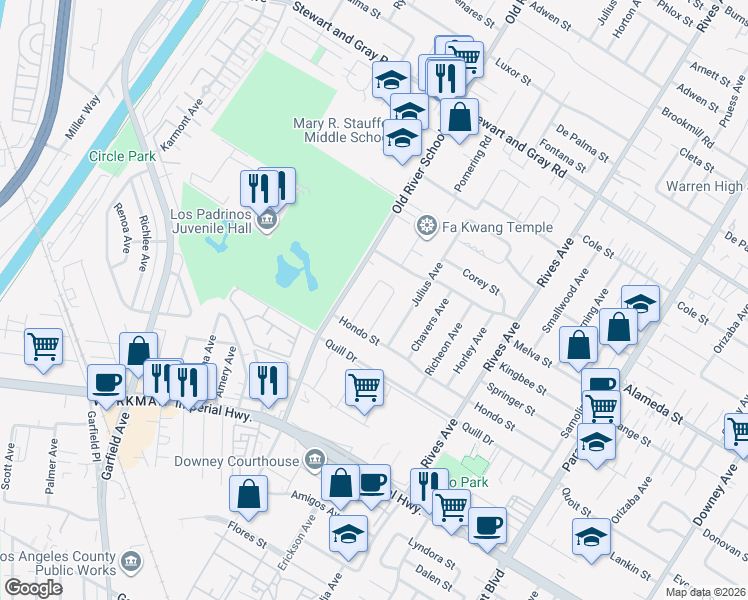 map of restaurants, bars, coffee shops, grocery stores, and more near 12320 Norlain Avenue in Downey