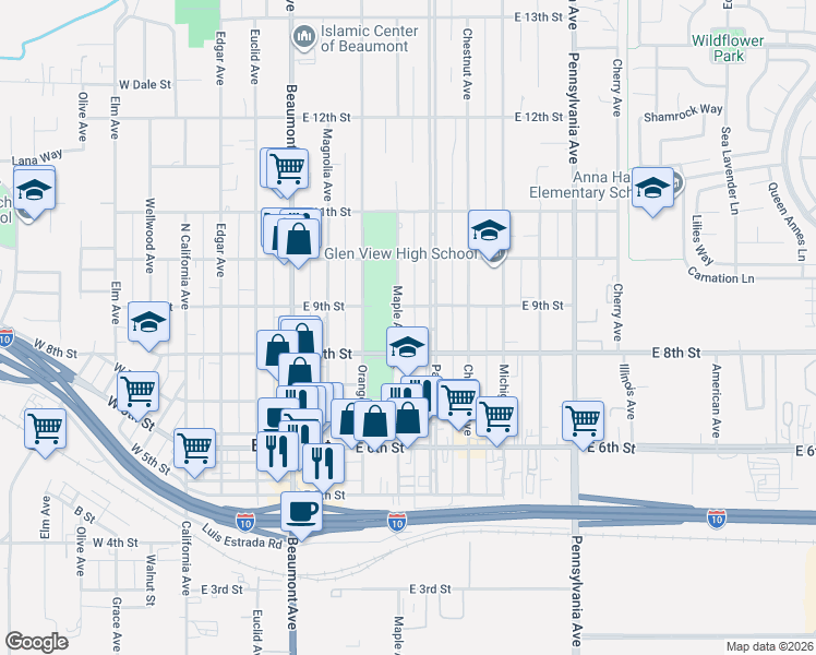 map of restaurants, bars, coffee shops, grocery stores, and more near 860 Maple Avenue in Beaumont