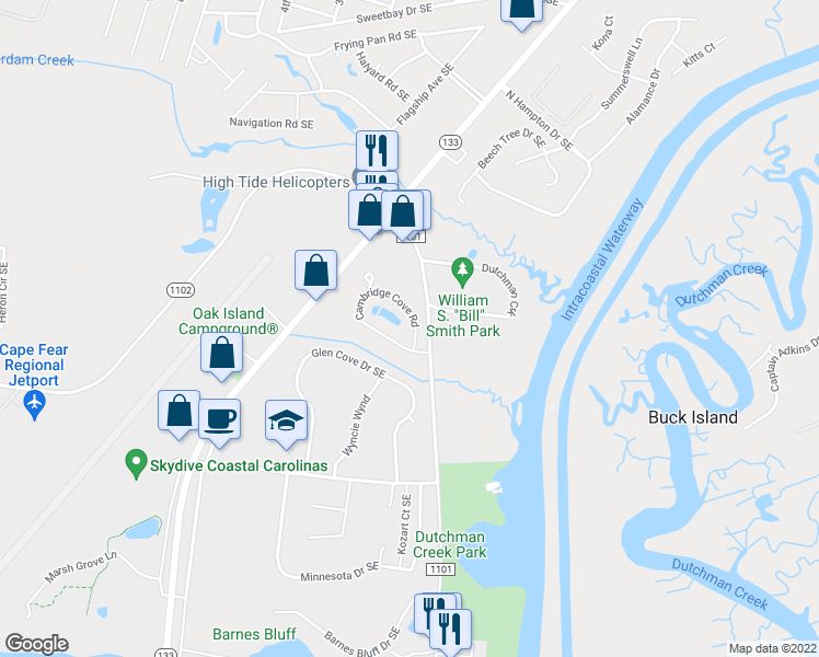 map of restaurants, bars, coffee shops, grocery stores, and more near 4158 Cambridge Cove Road in Southport