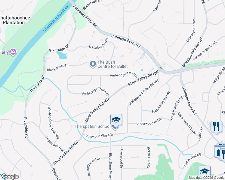 map of restaurants, bars, coffee shops, grocery stores, and more near 355 River Valley Rd NW in Atlanta