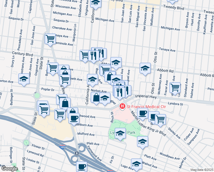 map of restaurants, bars, coffee shops, grocery stores, and more near 3580 Brenton Avenue in Lynwood
