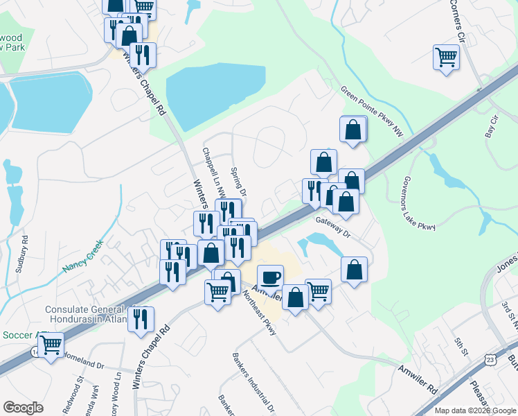 map of restaurants, bars, coffee shops, grocery stores, and more near 3381 Marla Boulevard Northwest in Peachtree Corners