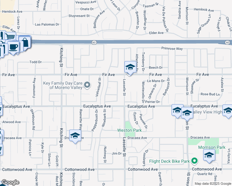 map of restaurants, bars, coffee shops, grocery stores, and more near 25919 Hollyberry Lane in Moreno Valley