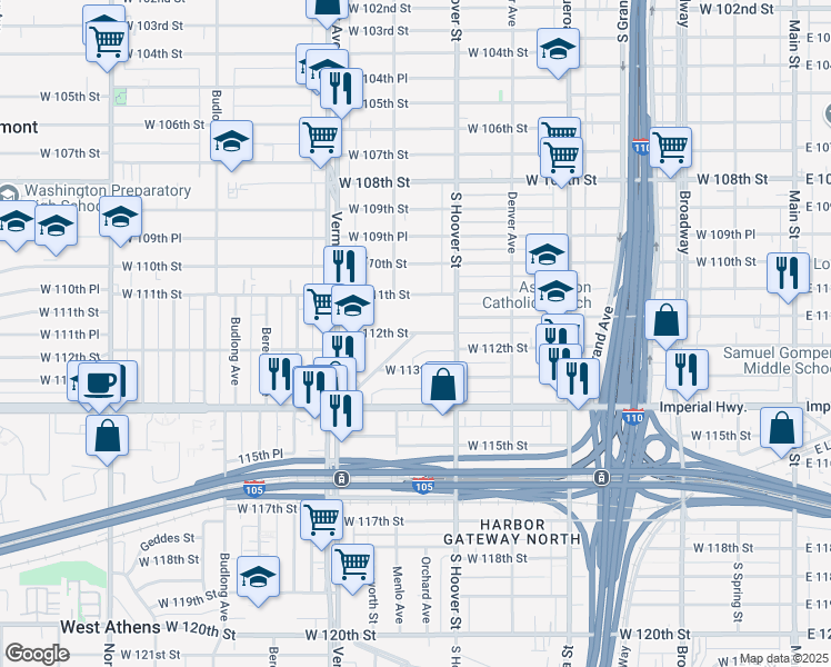 map of restaurants, bars, coffee shops, grocery stores, and more near 6575 Southwest Boulevard in Los Angeles