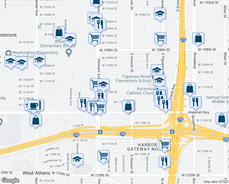 map of restaurants, bars, coffee shops, grocery stores, and more near 442 East 112th Street in Los Angeles
