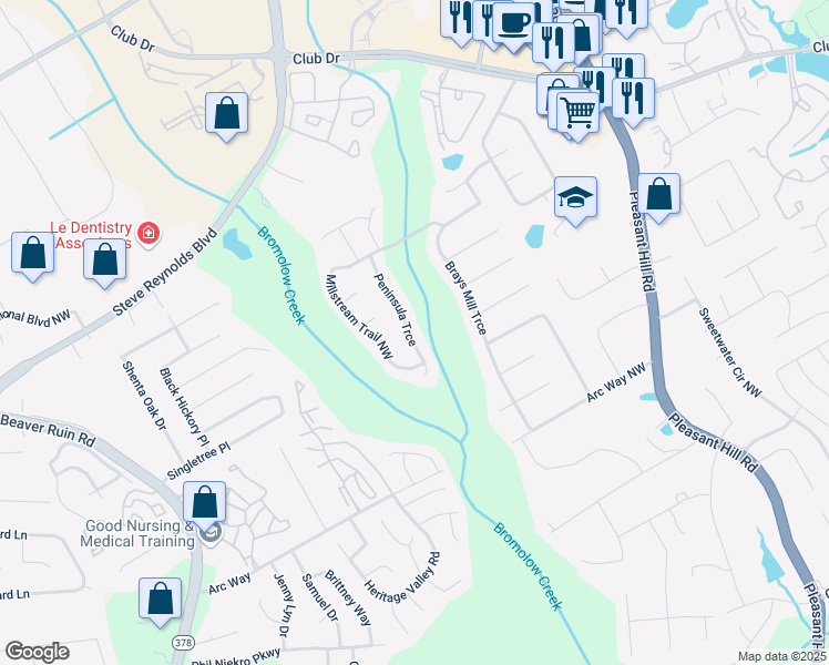 map of restaurants, bars, coffee shops, grocery stores, and more near 1287 Peninsula Trce in Lawrenceville