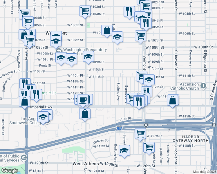 map of restaurants, bars, coffee shops, grocery stores, and more near 11143 Van Buren Avenue in Los Angeles