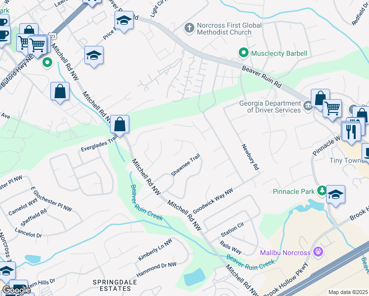 map of restaurants, bars, coffee shops, grocery stores, and more near 5516 Westberry Lane in Norcross