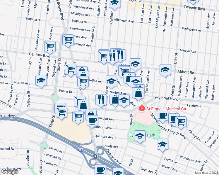 map of restaurants, bars, coffee shops, grocery stores, and more near 10990 California Avenue in Lynwood