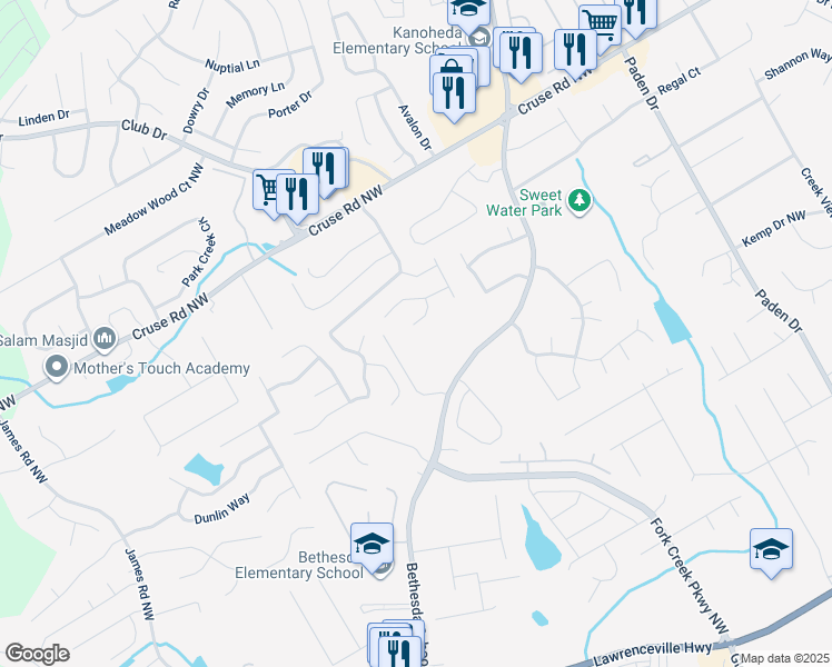 map of restaurants, bars, coffee shops, grocery stores, and more near 677 Loral Pines Court in Lawrenceville