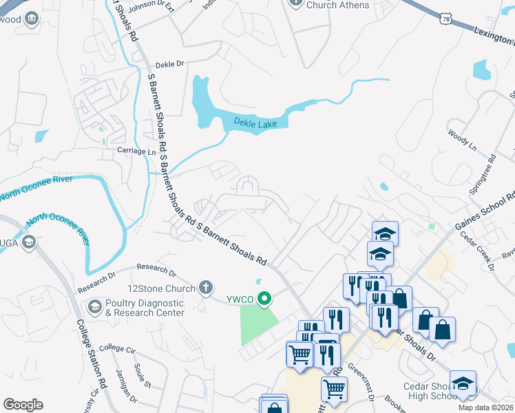 map of restaurants, bars, coffee shops, grocery stores, and more near Stroud Rd in Athens