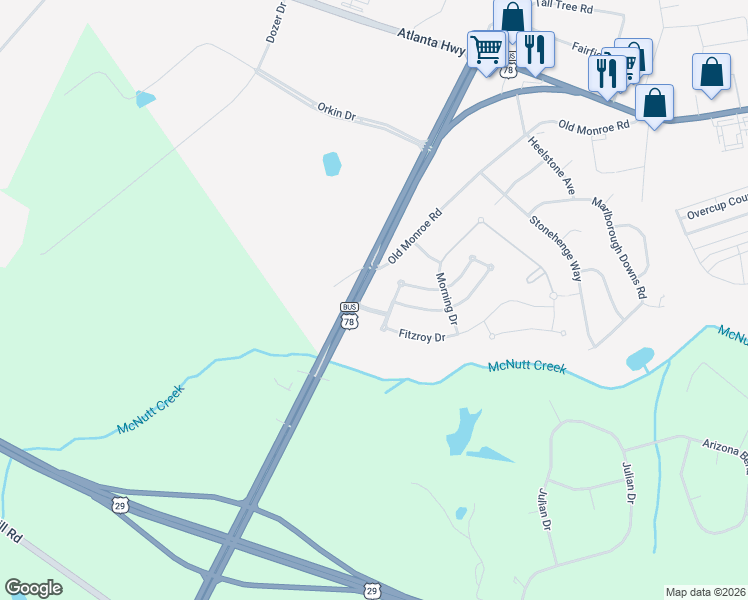 map of restaurants, bars, coffee shops, grocery stores, and more near 205 Rockwood Boulevard in Bogart