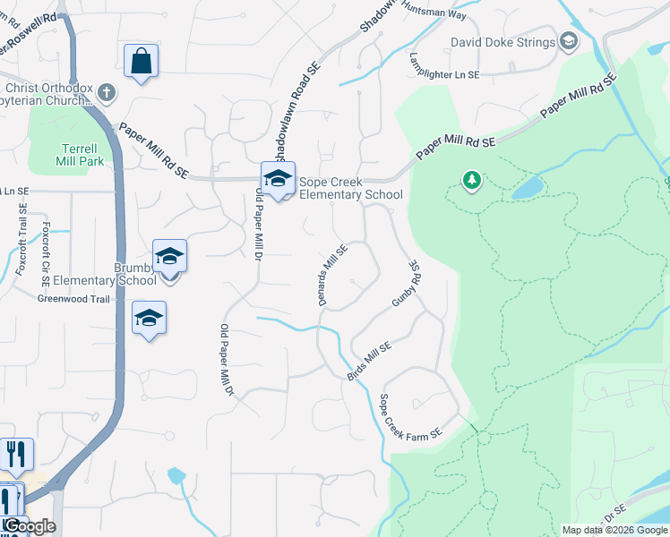 map of restaurants, bars, coffee shops, grocery stores, and more near 3500 Inman Hill Southeast in Marietta