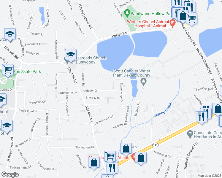 map of restaurants, bars, coffee shops, grocery stores, and more near 4664 Andalusia Trail in Atlanta