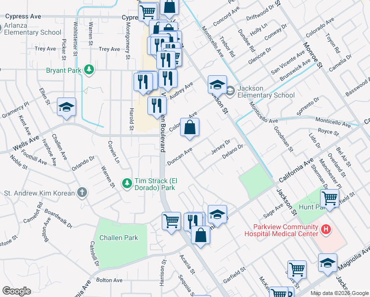 map of restaurants, bars, coffee shops, grocery stores, and more near 4475 Turnbull Road in Riverside