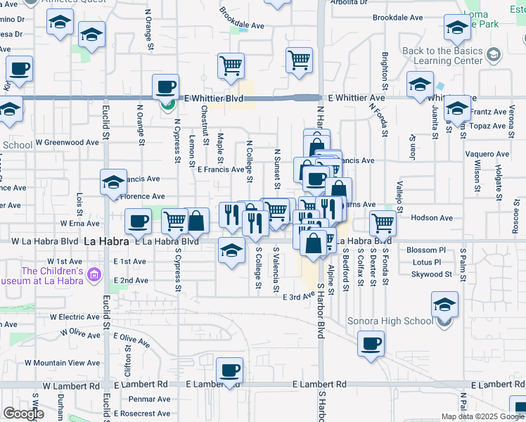 map of restaurants, bars, coffee shops, grocery stores, and more near 905 East Erna Avenue in La Habra