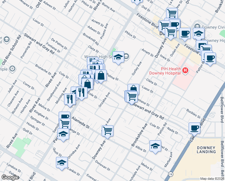 map of restaurants, bars, coffee shops, grocery stores, and more near 8203 Nada Street in Downey