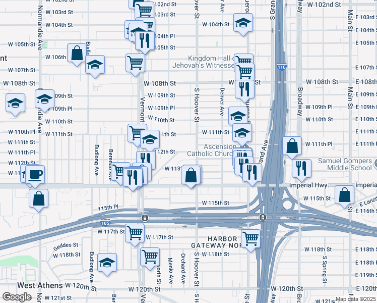 map of restaurants, bars, coffee shops, grocery stores, and more near 700 West 112th Street in Los Angeles